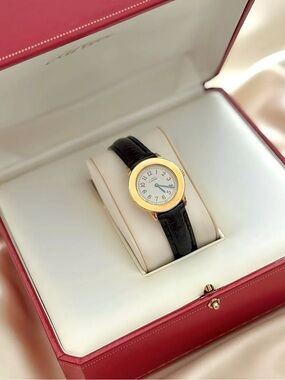 AUTHENTIC VINTAGE CARTIER BLACK LEATHER WATCH - WITH BOX